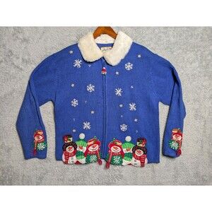 Heirloom Collections Blue Snowman Cardigan Sweater Faux Fur Collar Size Large